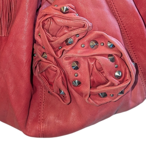 Rare Betsy Johnson Rose Studded Slouchy Hobo Bag In Pinkish Red, Silver Hardware - Picture 2 of 8